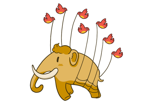 Cartoon Mastodon being air-lifted by Twitter-birds