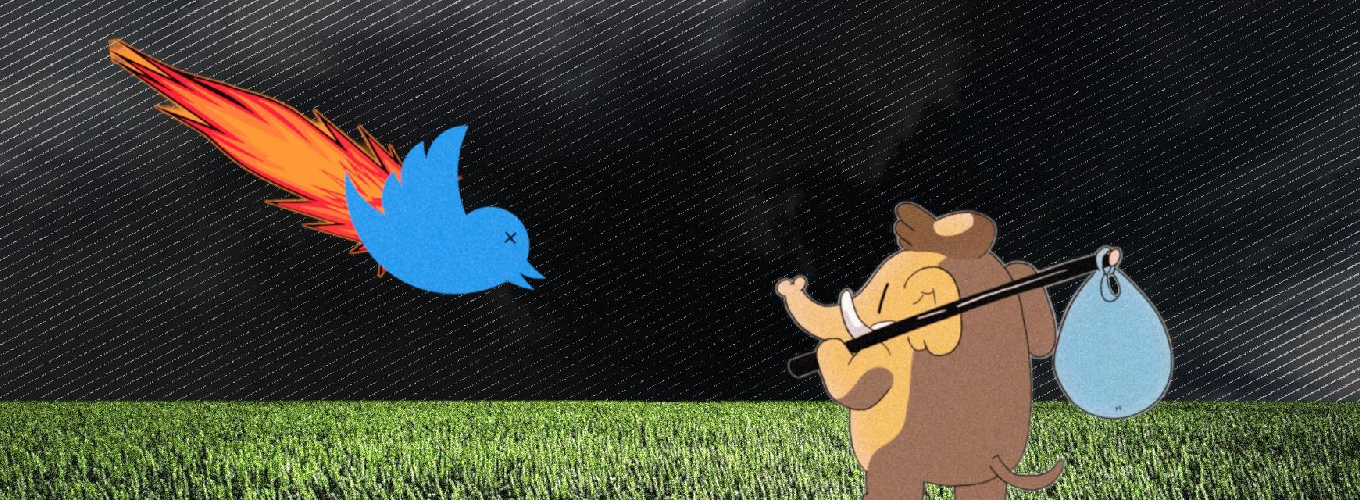 Twitter bird plunges to earth shooting flames, watched by a cartoon Mastodon migrating across a plain of grass