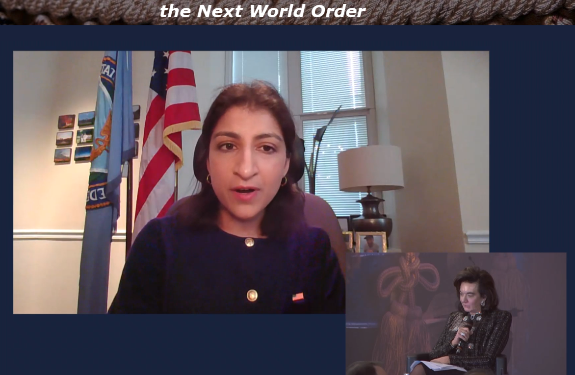 Cristina Caffarra (bottom right) interviews FTC Chair Lina Khan (main window) remotely