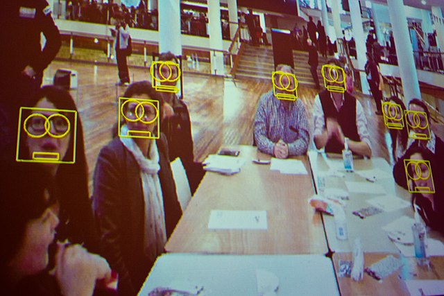 Video capture of people sitting around a table, with their faces identified