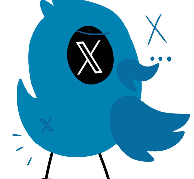 Cartoon of blue Twitter bird, with a black X-eye