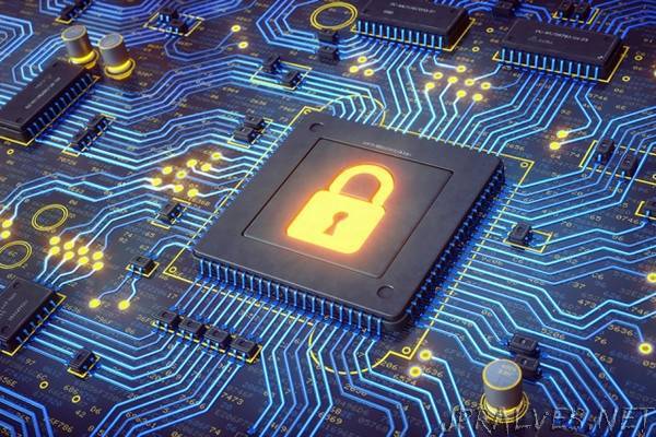 Image of chip on a circuit board, with a yellow padlock glowing in the centre