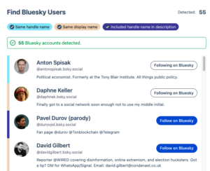 Screenshot from a tool to help an X user find existing followers/followees on Bluesky, based on username and text in their X bio