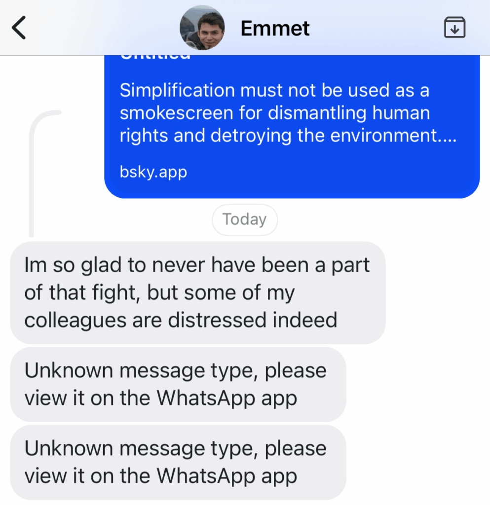 Beeper Screenshot showing two boxes containing text "Unknown message type, please view it on the WhatsApp app"