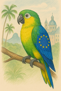 A tropical green/yellow Canary perched in Brazil, with a blue EU flag wing